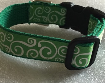 Kelly Green Dog or Puppy Collar - Green Grosgrain Ribbon with White Swirls