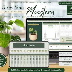 May include: A gamified Google Sheets habit tracker displayed on a laptop and tablet screen. The interface features a Monstera plant theme with progress dashboards, milestone tracking, and achievement icons. Text includes "Grow Your Monstera" and "January."