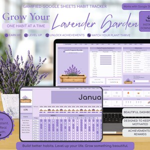 May include: A digital habit tracker for Google Sheets titled Grow Your Lavender Garden. The interface features purple colour schemes, progress dashboards, and habit lists. Text includes Earn XP, Level Up, Unlock Achievements, and Watch Your Plant Thrive.