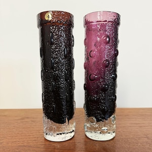 Vintage Riihimäen Lasi Glass Vases – Set of 2 – 9&quot; Amethyst & Purple Textured Scandinavian Art Glass, Mid Century Modern Decor, MCM Vases