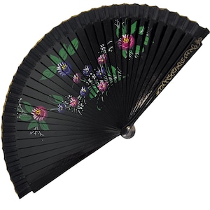 Vintage Hand-Painted Folding Fan – Black Lacquer Wood with Floral Design – Decorative Wall Fan – Japanese Style – 17&quot; Wide – Boho Home Decor