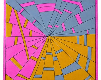 Vera Neumann Silk Scarf 30x30, Pink Mustard Gray Geometric Burst, Signed Vera Vintage Scarf, 1960s 1970s Designer Square Scarf