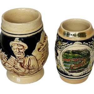Vintage German Beer Steins Pair, West Germany 1/8L Relief Stein & Möhnesee Souvenir Stein, 3.5  and 4 inches tall, MCM Barware, Oktoberfest