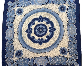 A. Ivori Vintage Silk Scarf, Blue Floral Print Square, Hand-Rolled Hem, Natural Silk, Signed Designer Wrap, Boho Chic Shawl, Vintage Fashion