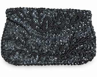 Bolsa vintage bordada à mão com miçangas – Bolsa de noite preta com miçangas dos anos 1950 – Clutch de Hong Kong – Bolsa formal retrô, Clutch de noite MCM