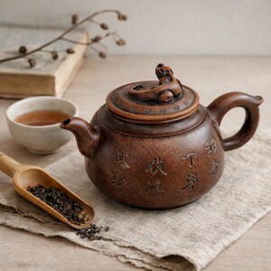 Peut inclure: Une théière en céramique marron avec un couvercle orné d'un dragon sculpté. La théière a un bec et une anse incurvés, avec des caractères chinois gravés sur le corps. Une cuillère en bois contient des feuilles de thé en vrac, et une petite tasse à thé est à proximité.