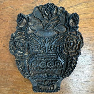Antique Hand Carved Wood Textile Printing Block – 8.5&quot; Floral Vase Design – Vintage Indian Fabric Stamp – Decorative Display Art