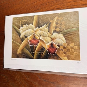 VIER florale Kunst Grußkarten von Meng, elegante Karten mit Blumenmotiven und Umschlägen, signiert, innen leer, in Plastikhülle, PREIS ist für 4