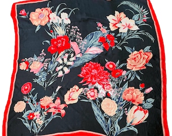 Vintage 100% Silk Floral Scarf – Large 39x39 inches – Black Red Botanical Print