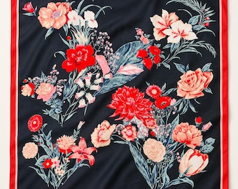 Vintage 100% Silk Floral Scarf – Large 39x39 inches – Black Red Botanical Print