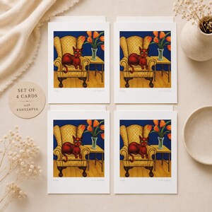 FOUR Will Rafuse Ruby Cat Art Cards, Whimsical Red Cat Blank Greeting Cards, Canadian Art Note Cards with Envelopes, blank inside