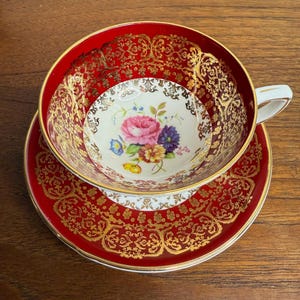 Royal Stafford Red & Gold Teacup and Saucer, Vintage Bone China, England, Floral Tea Cup, Collectible Gilded Teacup Set, Gift Tea Lovers