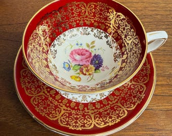 Royal Stafford Red & Gold Teetasse und Untertasse, Vintage Bone China, England, Blumen Teetasse, Sammler Vergoldetes Teetassen-Set, Geschenk Tee-Liebhaber