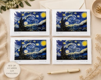 FOUR Van Gogh Starry Night Cards, Blank Art Greeting Cards, 6 x 9 Note Cards with Envelopes, Sealed in Plastic Wrap