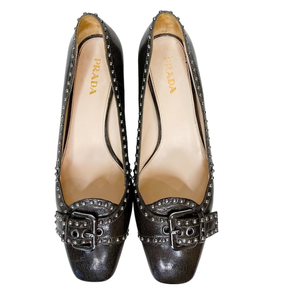 Prada Studded Leather Pumps, Green and Brown Leather Heels, Buckle Detail Shoes, Designer High Heels, Women’s Size 40, Luxury Footwear
