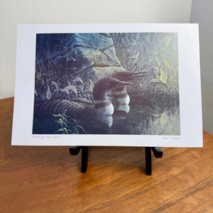 Carte d'art canadienne, carte d'art Rod Tribiger, « Breaking the Silence », huards sur un lac, oeuvre d'art animalier - scène de la nature, enveloppes, intérieur vierge