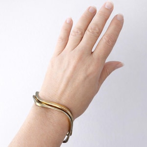 Vintage RLM SOHO Brass Bangles, Signed Sculptural Bracelet Set, Wavy Modernist Minimalist Statement Jewelry, Designer Stackable Bracelets