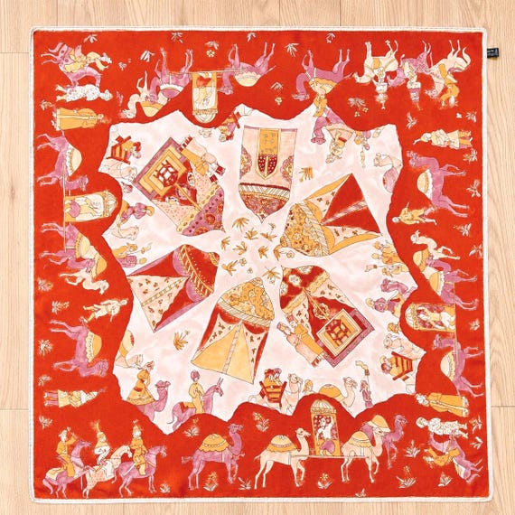 Vintage Romeo Gigli Silk Scarf, Figural Tent & Caravan Print, Large Square Designer Scarf, Made in Italy, Wearable Scarf Top, 34 x 33 Inches