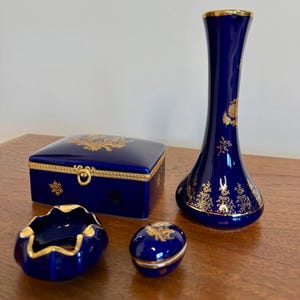 Vintage Limoges France Porcelain Set, Cobalt Blue & 24K Gold Detailing, Trinket Box, Vase, Ashtray, Ring Box – French Decor, Sold as one set