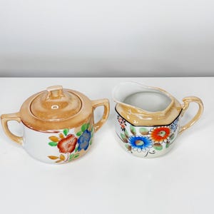 Vintage Japanisches Lusterware Zuckerdose & Milchkännchen Set - handbemaltes florales Porzellan, Mid Century Küchendekoration, Sammlerstück Teeset