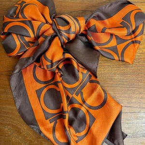 Vintage Silk Scarf, Ferragamo Style, 1970s Geometric Print Brown & Orange Gancini-Inspired Design, Retro Luxury Scarf, Mod Fashion Accessory
