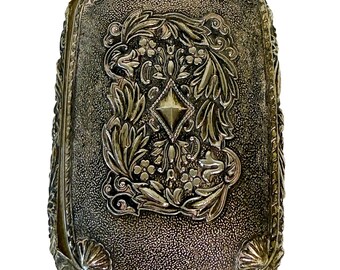 Vintage Silver Jewelry Box – Ornate Repoussé Floral Design – Red Velvet Lined – Footed Metal Trinket Box – Made in Japan – 4 Inches Wide