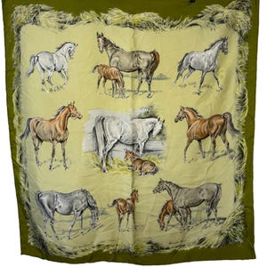 Vintage Hermès “Les Poulains” Scarf, Silk by Xavier de Poret, 1960s Equestrian Horses, Green Border, Rare Designer Scarf Collector Piece