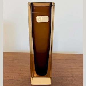 Signed V. Nason Murano Sommerso Glass Vase – 10” Brown Faceted Art Glass – Mid Century Modern Italian Vintage Decor – Heavy Crystal