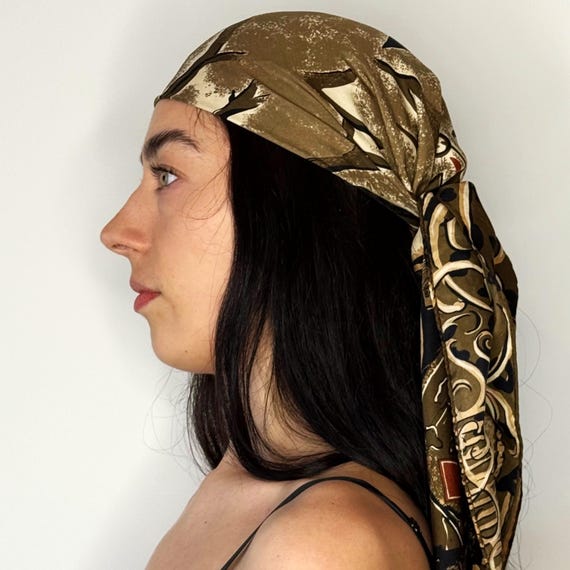 DKNY Silk Scarf, Baroque Print Head Wrap, Gold Brown Designer