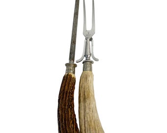 Vintage Böker Solingen carving fork & honing steel with stag antler handles, rustic German kitchen tools, perfect for lodge decor or display