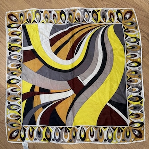 Vintage 1960s Psychedelic Scarf – Adorit Satin Acetate – 26&quot; Square – Made in Japan – Yellow & Brown Mod Abstract Print – Retro Atomic Style