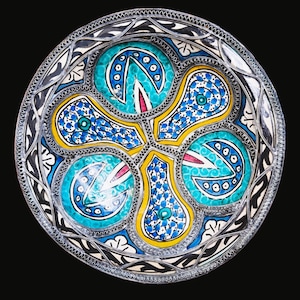 Vintage Moroccan Ceramic Bowl with Silver Filigree, Fez Pottery Plate, Moorish Hand-Painted Wall Decor, Rare Vintage Boho Art, Fez Pottery