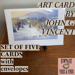 Cartes d'art canadien, FIVE vintage Winter Cards, enveloppes « Ski Hill – Whistler » de John G. Vincent, signées, vierges à l'intérieur, dans une couverture en plastique