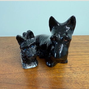 Vintage Black Scottie Dog Figurines – Glass & Ceramic – Mid-Century Decor, Retro Dog Collectibles, Gift for Dog Lovers – Buy 1 or the Set