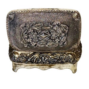 Vintage Silver Jewelry Box – Ornate Repoussé Floral Design – Red Velvet Lined – Footed Metal Trinket Box – Made in Japan – 4 Inches Wide