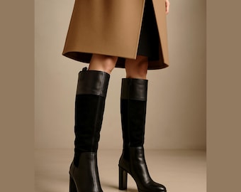 Tod’s Black Leather & Suede Riding Boots with Patent Heels, Italian Designer Luxury, Size 40 EU, Size 10, Boot Trends 2025: Knee High Boots
