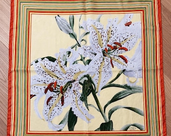Liberty of London Silk Scarf, Vintage Lily Floral Print, 26" Square, Yellow & Orange, Hand Rolled Hem, Made in England