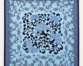 Vintage Lanvin Paris Silk Scarf, Art Deco Dancer Print – 100% Silk, Made in Italy, Hand-Rolled Edges, Blue & Navy Square Scarf, Luxury Retro