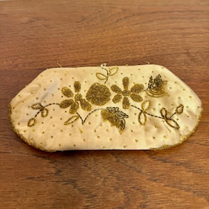 Vintage 1950s Beaded Purse, Styled by Duval, Made in Japan, Gold Floral Clutch with Chain Strap, Mid-Century Evening Bag, MCM Evening Clutch