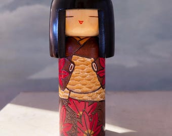 Vintage Kokeshi Doll, Handcrafted Japanese Maple Leaf Design, Artist Signed, 1950s-70s Mid-Century Collectible Decor, Japanese Kokeshi
