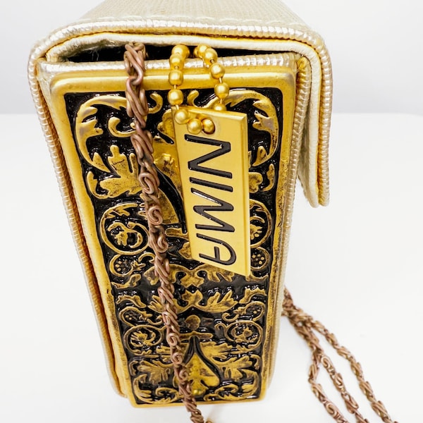 Vintage NIMA Gold Abendtasche, Kleine Minaudière Stil Handtasche, 70er Jahre Metallic Box Schultertasche, verzierte Seitenteile