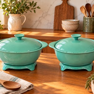 May include: Two matching turquoise enamelled cast iron pots with lids, each featuring integrated side handles and a raised base with four small feet. The pots have a smooth, glossy finish and are positioned side-by-side on a wooden surface.