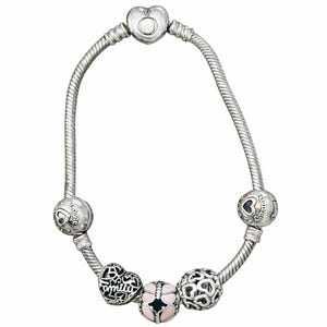 May include: A silver bracelet with a heart-shaped clasp and several charms. The charms include a heart with the word "family", a pink and black enamel bead, and a bead with the word "love".