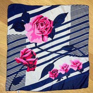 Vintage Silk Scarf 28&quot; – Pink Rose & Navy Stripe Hand Printed Square, 100% Silk Made in China – Retro Floral Graphic Mod Style
