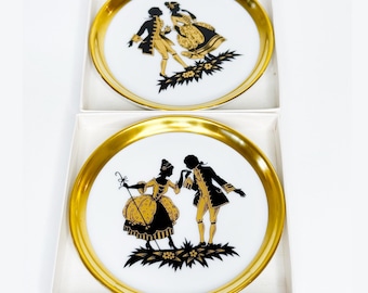 TWEE vintage porseleinen onderzetters Fürstenberg West-Duitsland, paar zwartgouden rococo-miniborden silhouet, gouden rand muurdecoratie, originele dozen