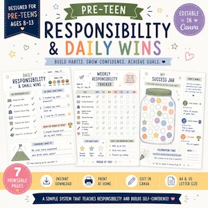 Puede incluir: Un conjunto de tres páginas imprimibles tituladas Pre-Teen Responsibility & Daily Wins, Weekly Responsibility Tracker y My Success Jar. Los documentos incluyen listas de verificación, secciones de objetivos y un gráfico de frasco para el seguimiento.
