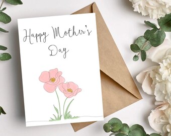 Pink Poppies Watercolor Floral Blank Mother's Day Card For Mom, Grandma, Sister, Aunt