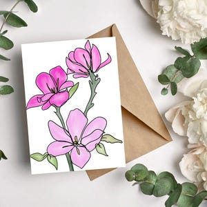 Pink flowers blank floral folded notecards custom stationary digital art
