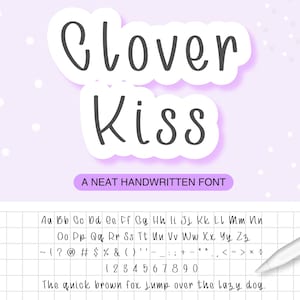 May include: A digital font design titled "Clover Kiss" in a handwritten style, with a full alphabet, numbers, and symbols. The font is displayed on a light purple background with a grid and a white stylus.