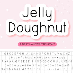 May include: A font design called "Jelly Doughnut" with a handwritten style. The font includes uppercase and lowercase letters, numbers, and punctuation marks.